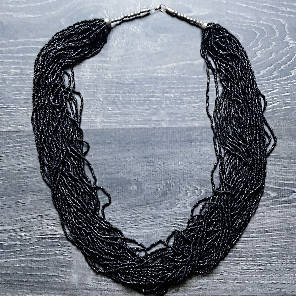 Large black multistrand seed bead rope necklace
